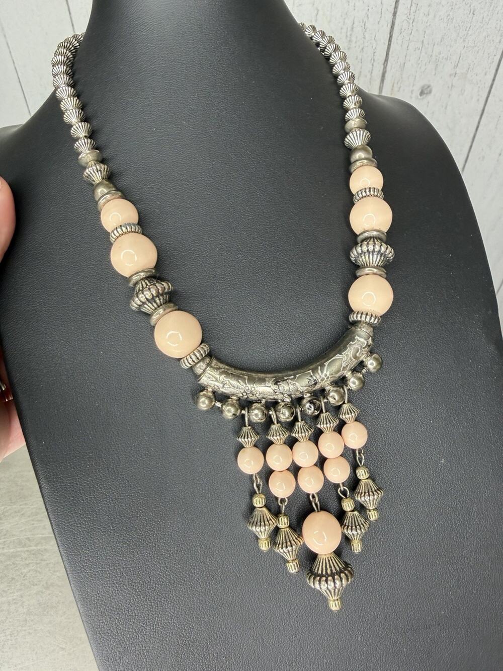 Vintage Tribal Boho Chic Pink Silver Beaded Necklace Charm Pendant Native